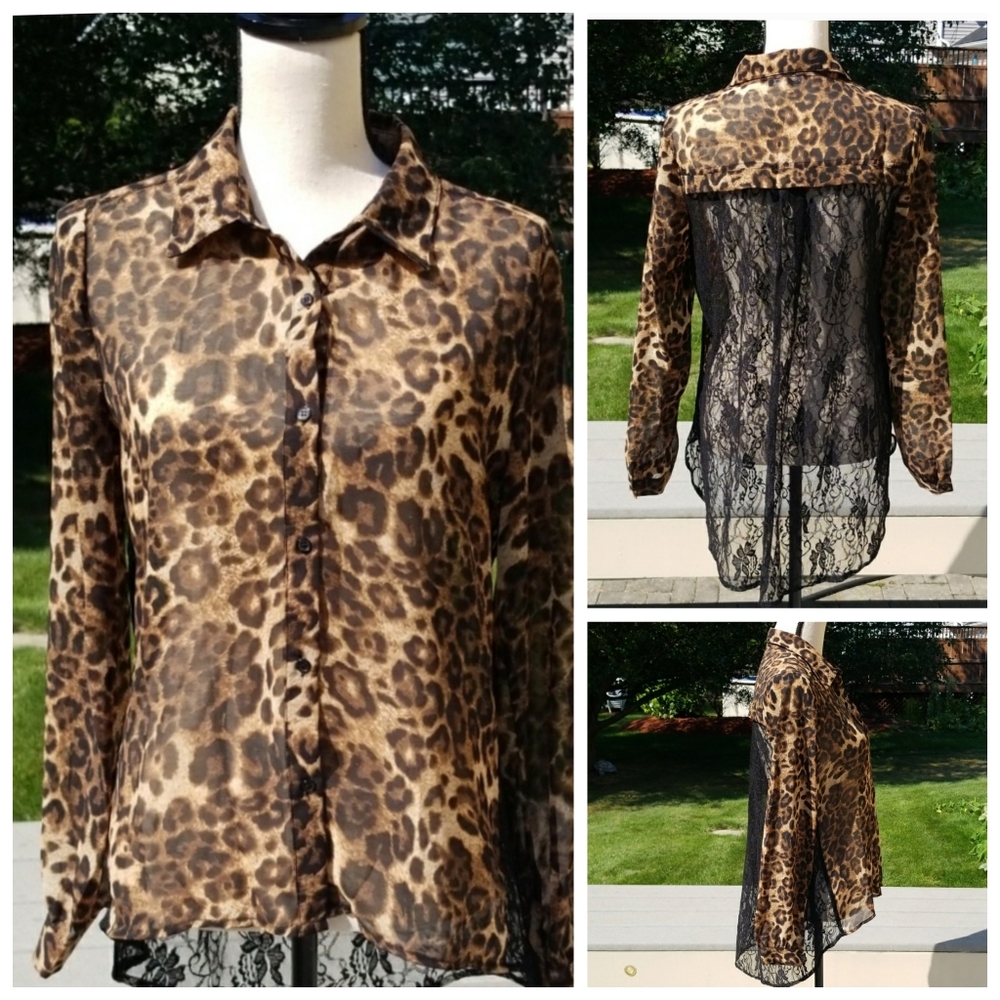 Cecio Animal Print High Low Button Down Blouse with Lacey Back
